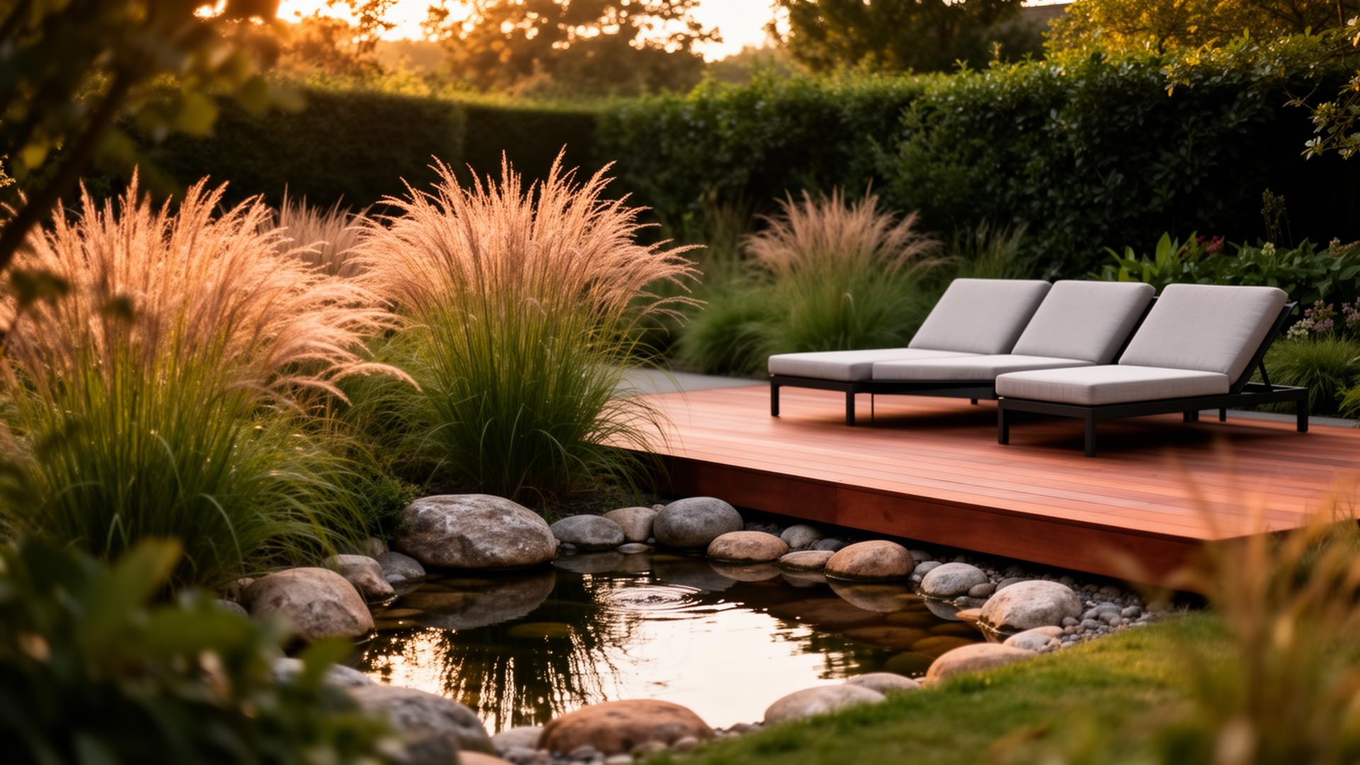 Moderner Garten mit Holzterrasse und Wassergarten