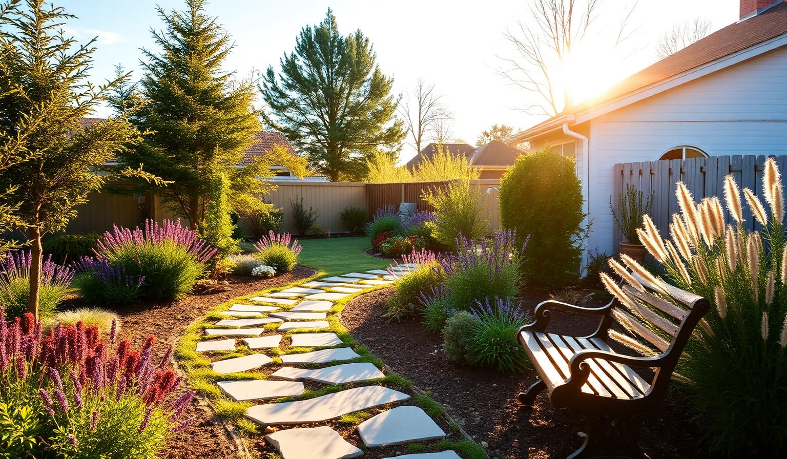 Gepflegter Privatgarten im Abendlicht